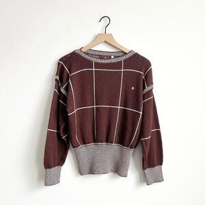 Etienne Aigner Vintage 80s Windowpane Plaid Sweater Womens L Burgundy White